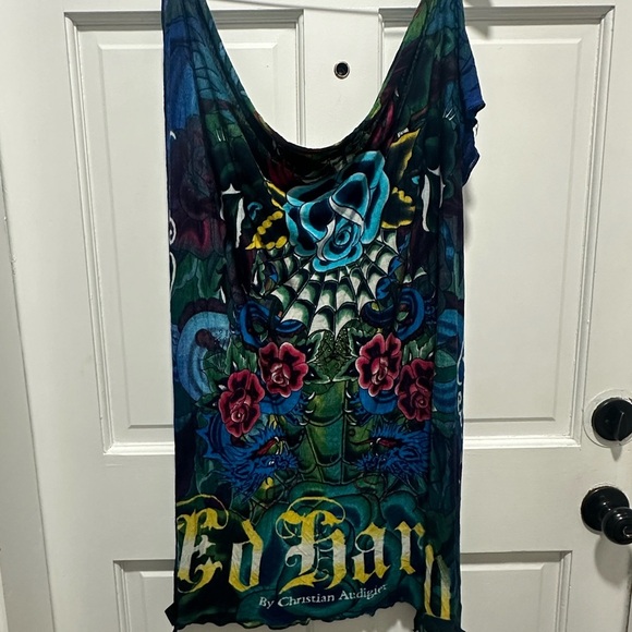 Y2K Ed Hardy Tattoo Print Sheer Scarf by Christian Audigier Graphic Scull Roses - Picture 2 of 7